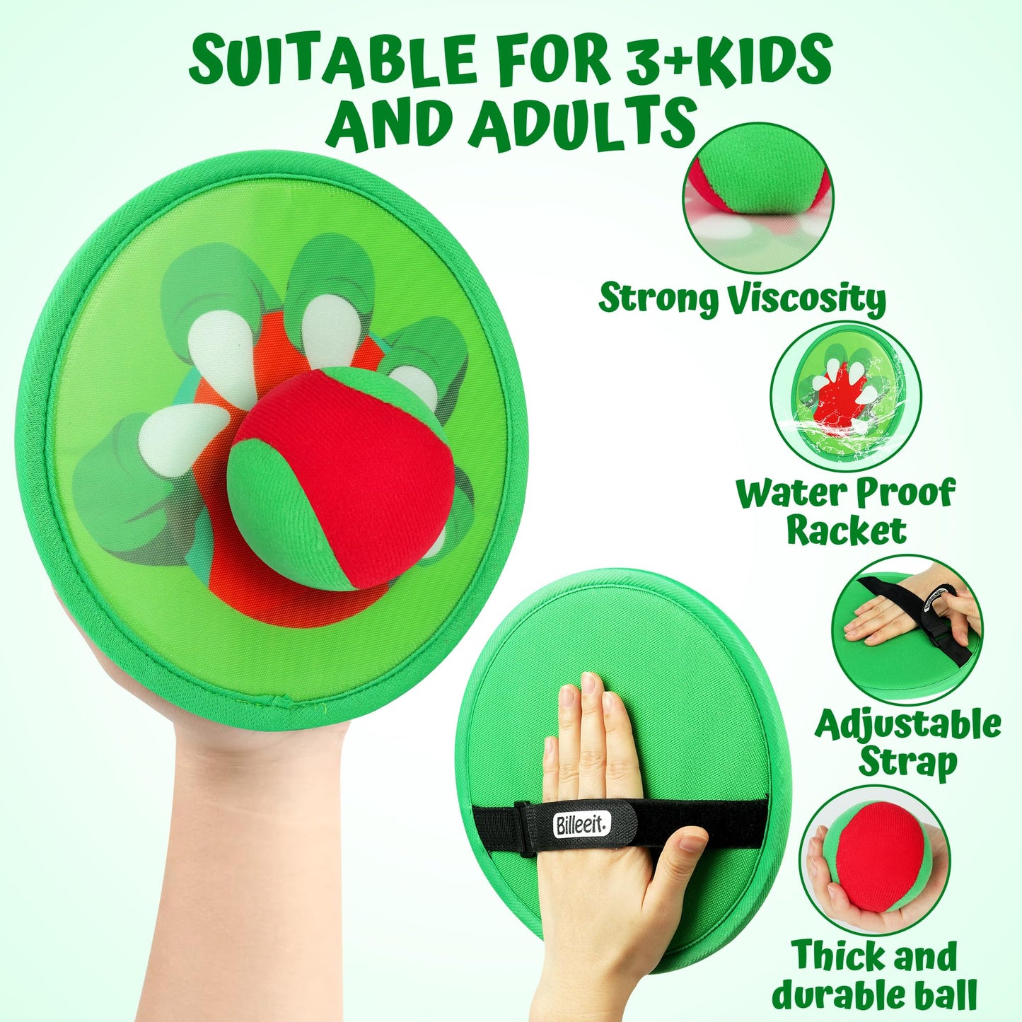 Billeeit 10.6 In Big Dinosaur Toss and Catch Ball Set, Catch Game Toys for Kids 3 4 5 6 7 8 9 10, Outdoor Yard Games Beach Toys for Family Outside Activities w/4 Big Rackets, 4 Balls, 1 Drawstring Bag
