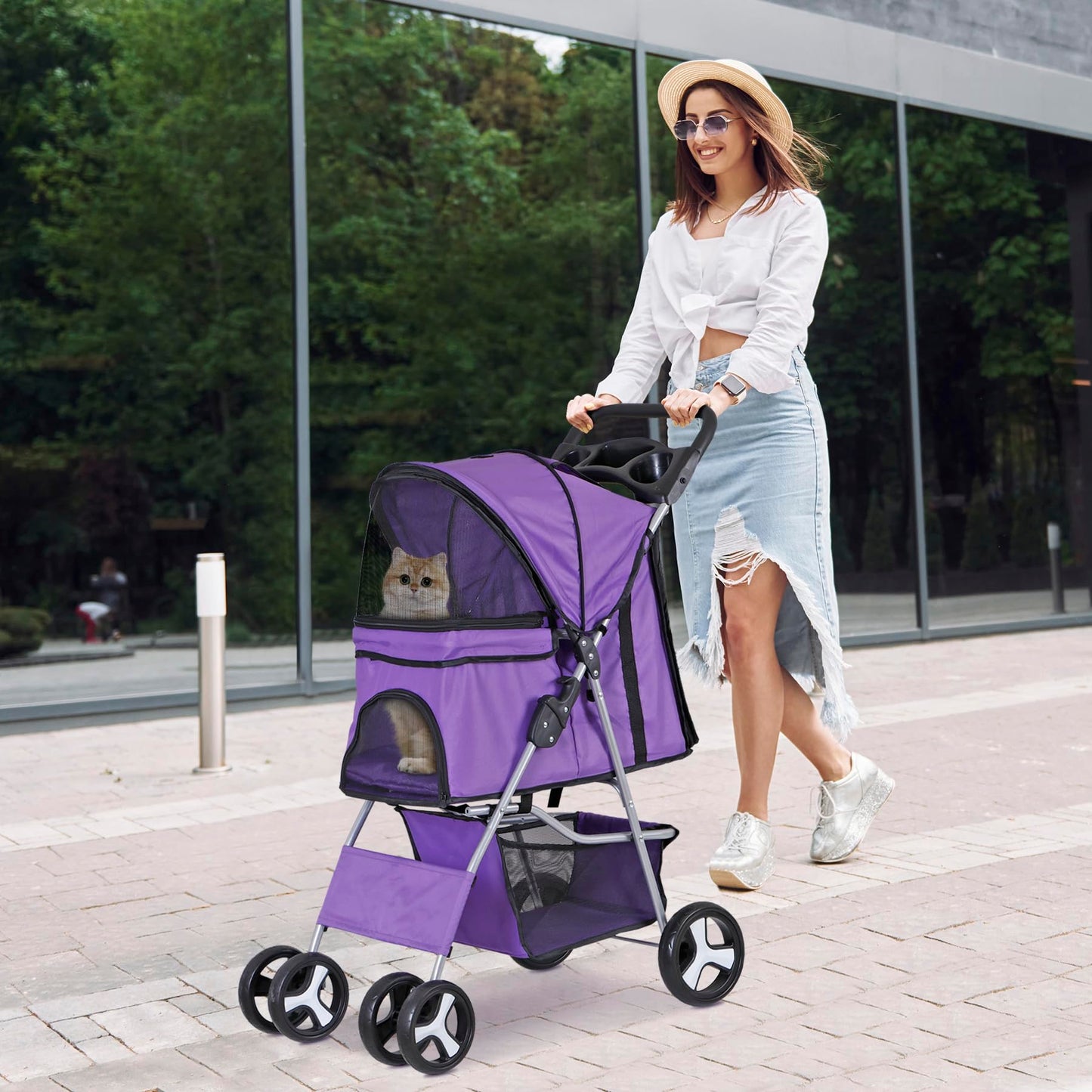 Epetlover 4 Wheels Dog Stroller Folding Pet Strolling Cart for Small Medium Cats Puppies Portable Jogger Travel Camping Puppy Carrier with Storage Basket Cup Holder, Purple