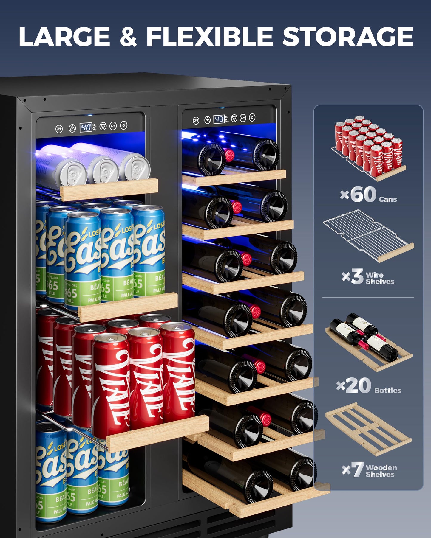 ICEVIVAL Wine and Beverage Refrigerator, 24 Inch Built-In Wine Fridge with Glass Door, Holds 20 Wine Bottles & 60 Cans, Under Counter Refrigerator with Quiet Cooling System & Blue LED Light(Black)