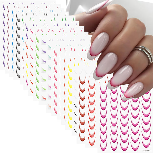 18 Sheets Gradient Color French Tip Line Nail Art Stickers 3D Colorful Curved Self-Adhesive Nail Decals Geometric Curve Lines Nail Designs Wave Stripe Guide Nails Supplies for Women DIY Nail Decor