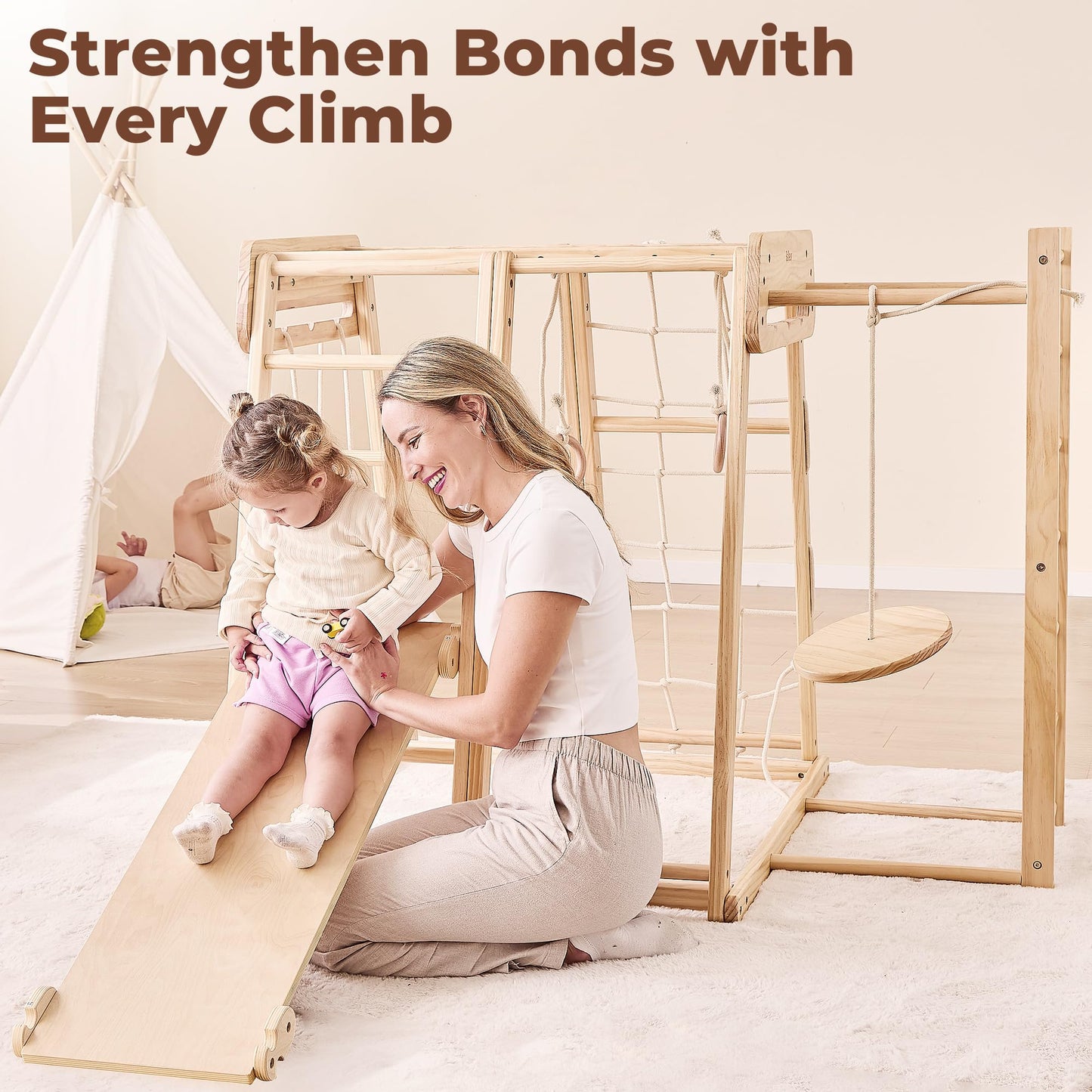 Belleur 8 in 1 Indoor Jungle Gym for Kids 1-6, Wooden Indoor Playground with Slide & Swing, Montessori Climbing Set with Climbing Net & Monkey Bars