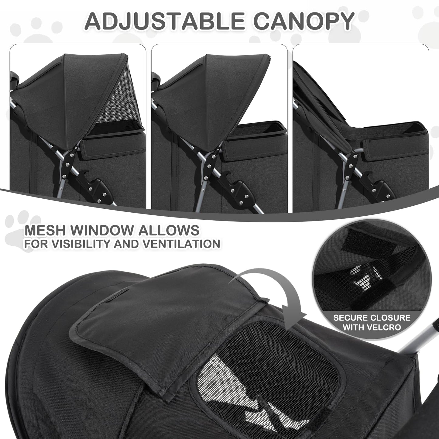 MoNiBloom Foldable Pet Stroller with Weather Cover, 3 Wheels Pet Strolling Cart for Small/Medium Dogs and Cats with Storage Basket and Cup Holder, Breathable and Visible Mesh for All-Season, Black