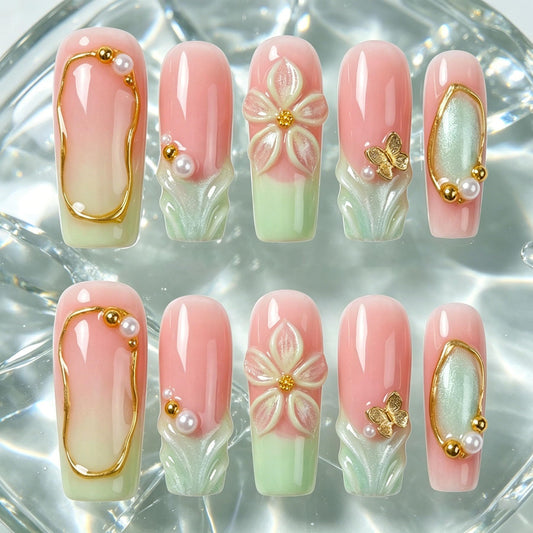 Long Square Press on Nails Handmade 3D Cute Glue on Nails for Women, Luxury Homemade Press on Nail Art Design, Fake Nails with 3D Nail Charms Size M 2