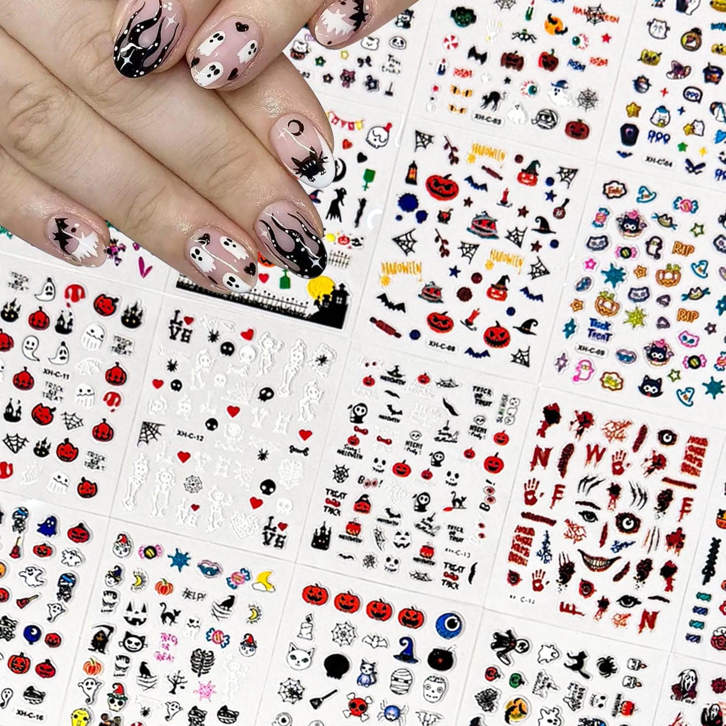 30 Sheets Halloween Nail Stickers Cute Ghost Pumpkin Nail Stickers 3D Self-Adhesive Nail Decals Bat Skull Nail Art Sticker Holiday Nails Design Accessories for Women Gilrs Nails Art Decoration