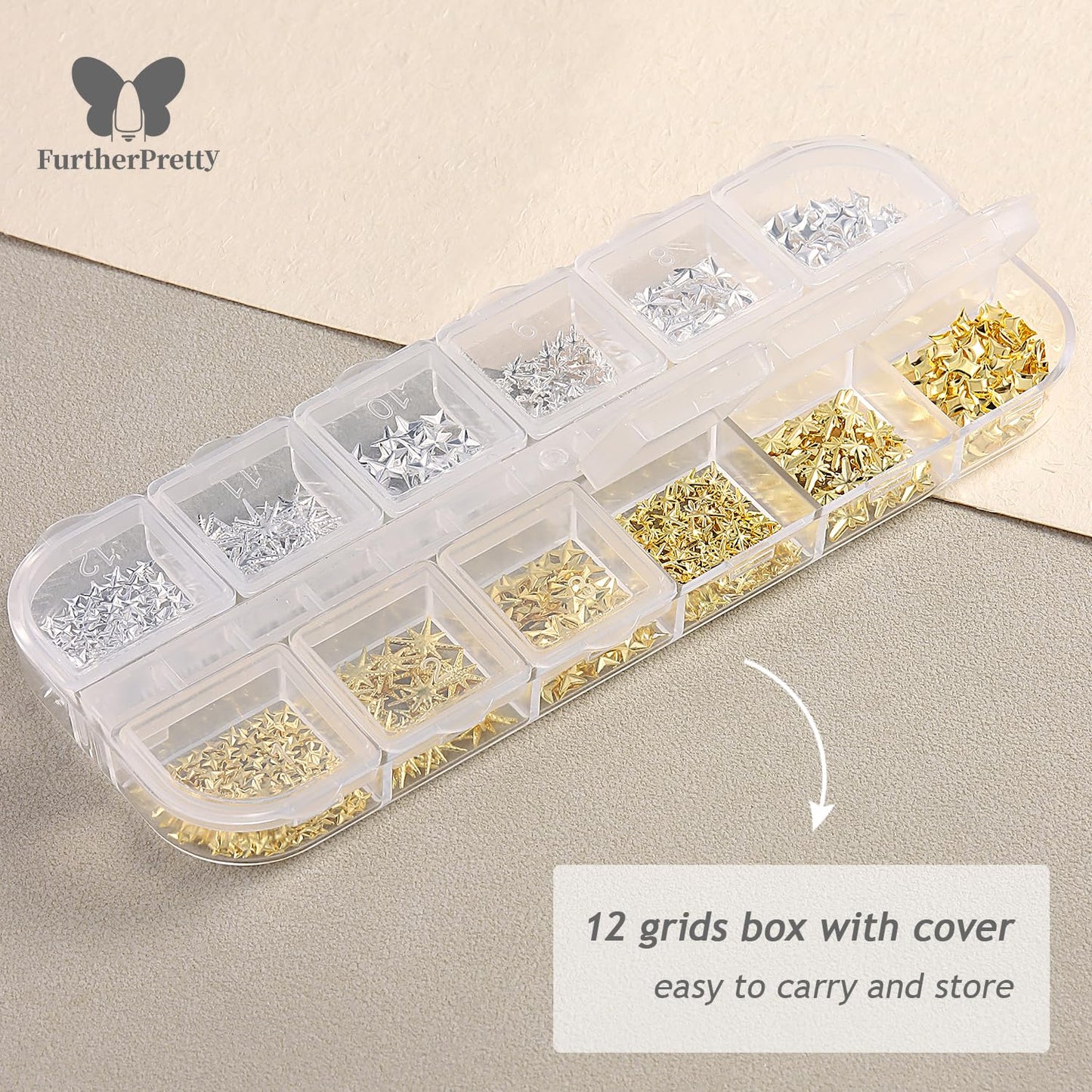 Furtherpretty Gold Star Nail Charms, 3D Silver Nail Charms Metal Studs Cross Star Celestial Nail Decorations, Flat-Back Nail Art Accessories with Tweezers for Women, Manicure Salon Supplies