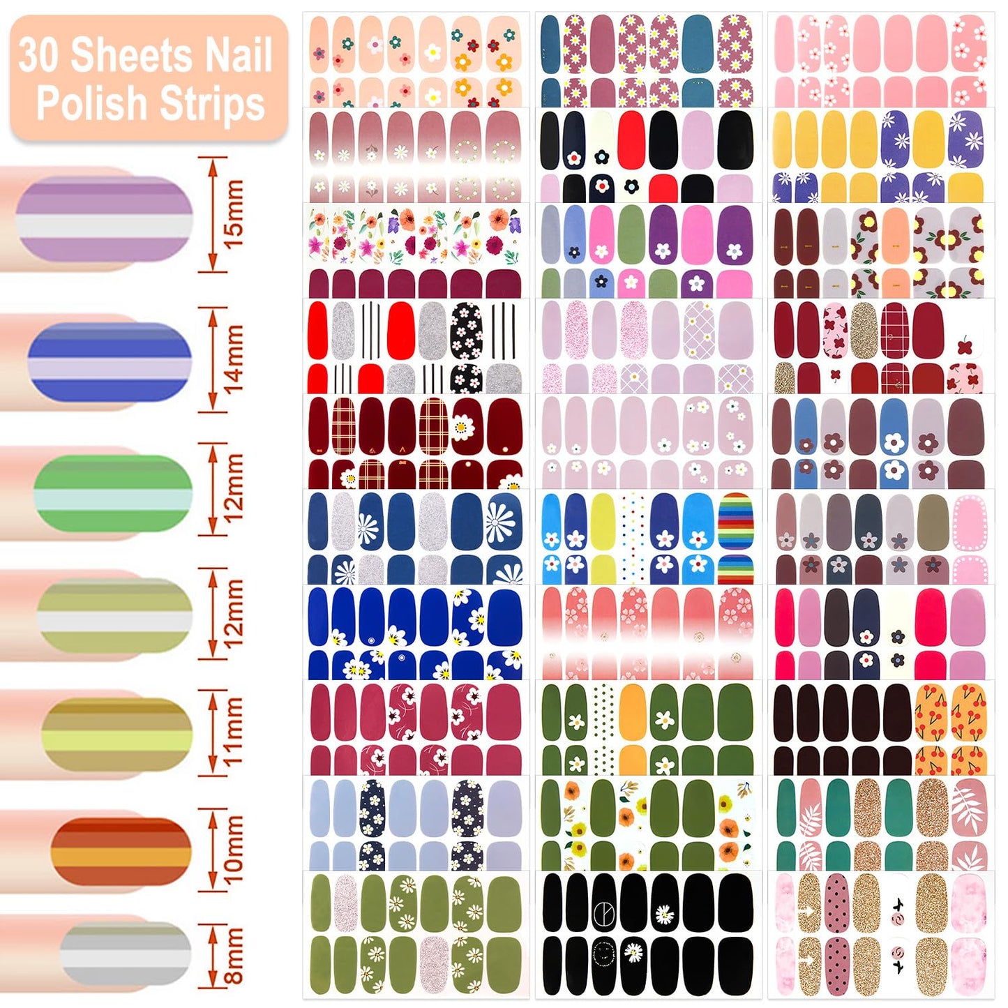 DANNEASY 30 Sheets Nail Polish Stickers Full Nail Wraps Flower Fingernail Sticker Nails for Women Self Adhesive Stick on Nail Polish Strips Gel Nail Strips with File, Cuticle Stick