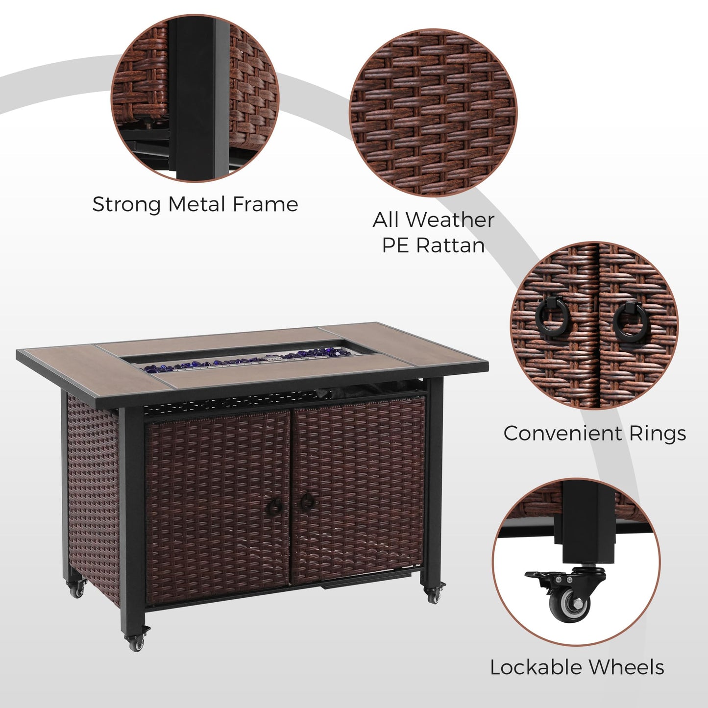 walnest 43 Inch Outdoor Fire Table with Ceramic Tile Tabletop Propane Fire Pit Table 60,000 BTU Gas FirePit CSA Certified Wicker Rattan Fire Table with Lid Glass Rock Wheels Waterproof Cover Gloves