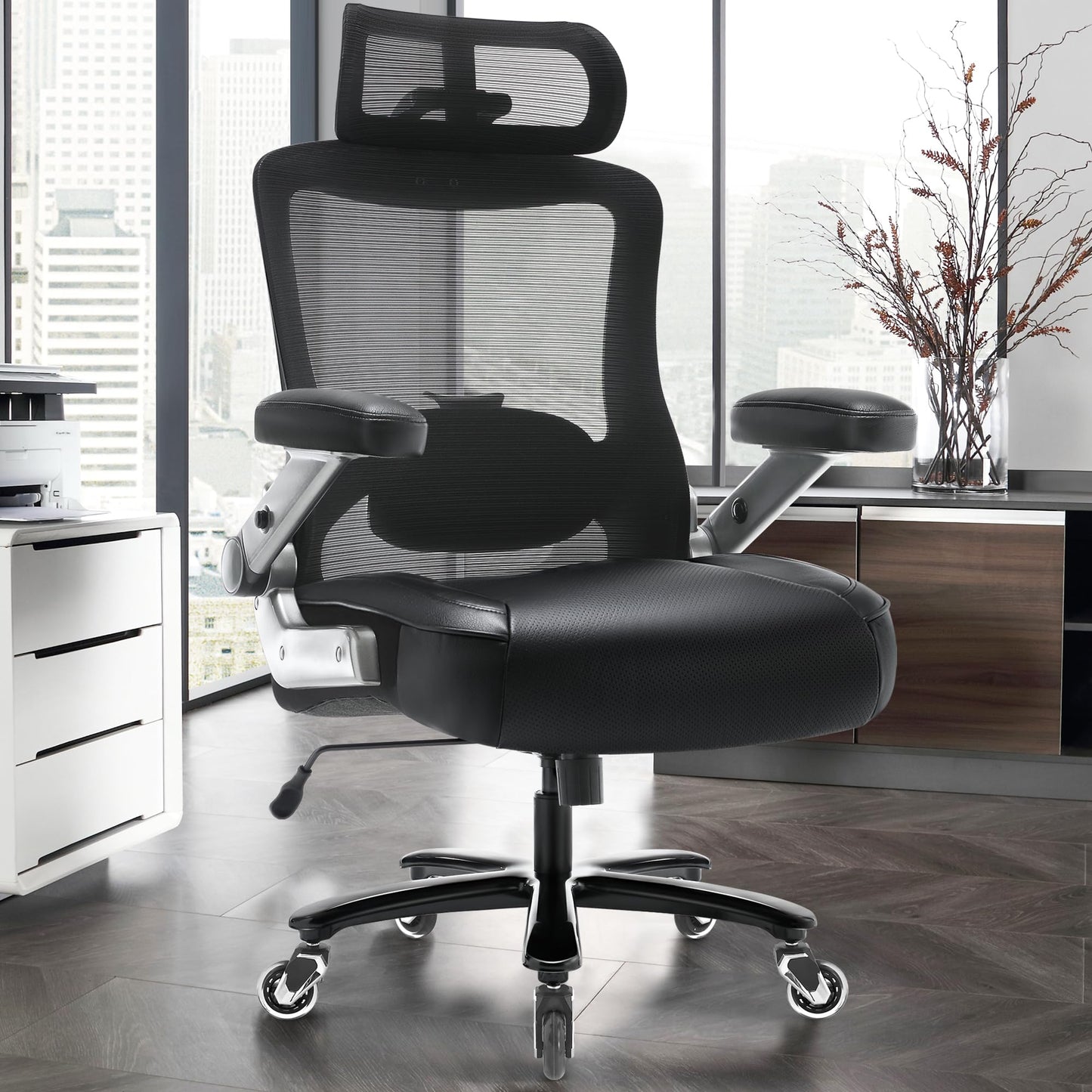 Big and Tall Office Chair 600lbs with 3D Flip Arms Adjustable Headrest - Heavy Duty Large Wheels Executive Computer Desk Chair, Ergonomic Lumbar Support Mesh High Back Plus Size Chair for Adults