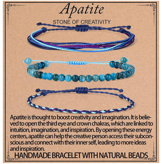 QOGIR Handmade Healing Bracelets,4mm Natural Blue Apatite Gem Stone Beads Bracelet for Men Women Gifts with 2PCS Size Adjustable Rope Bracelets