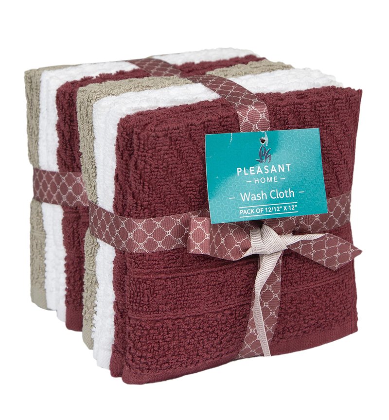 PH Pleasant Home Diagonal Wash Cloths Set - 12 Pack (12” x 12”) – 509 GSM - 100% Ring Spun Cotton Wash Cloth - Super Soft and Highly Absorbent Face Towels (Maroon, White & Tan)