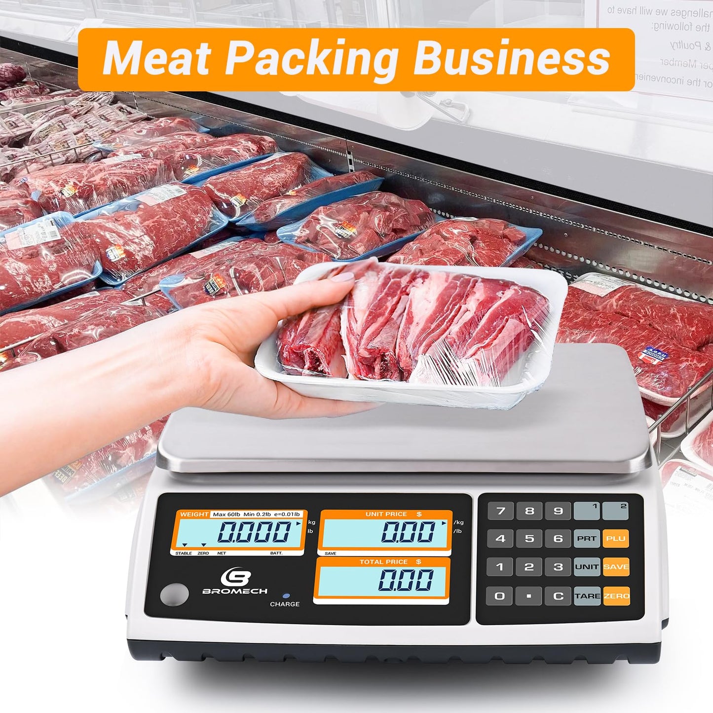 BROMECH Price Computing Scale NTEP Certified for Legal Trade Rechargeable, Commercial Grade with Dual LCD Display, 60lb Stainless Steel Platform for Meat Shop, Deli, Produce Farmers Market COC#21-001