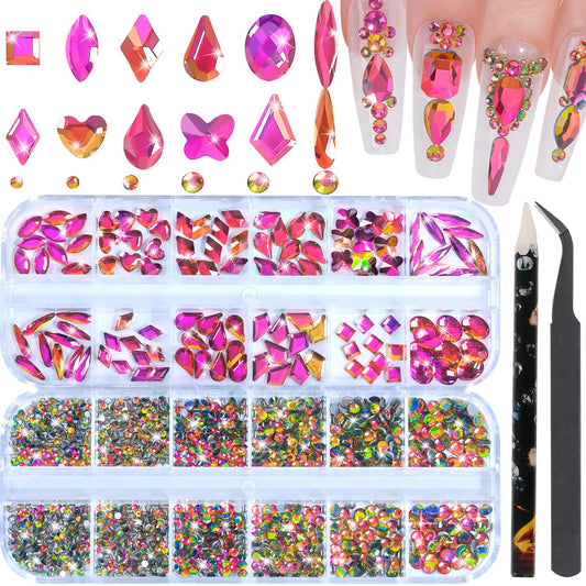 Nail Rhinestones - 3D Multi Shape Size, Flat Back, Crystals Manicure Rhinestones Charms, Colorful Red Nail Gems, with Kit, for Nail Art, Bedazzling Acrylic Nails, DIY Decor