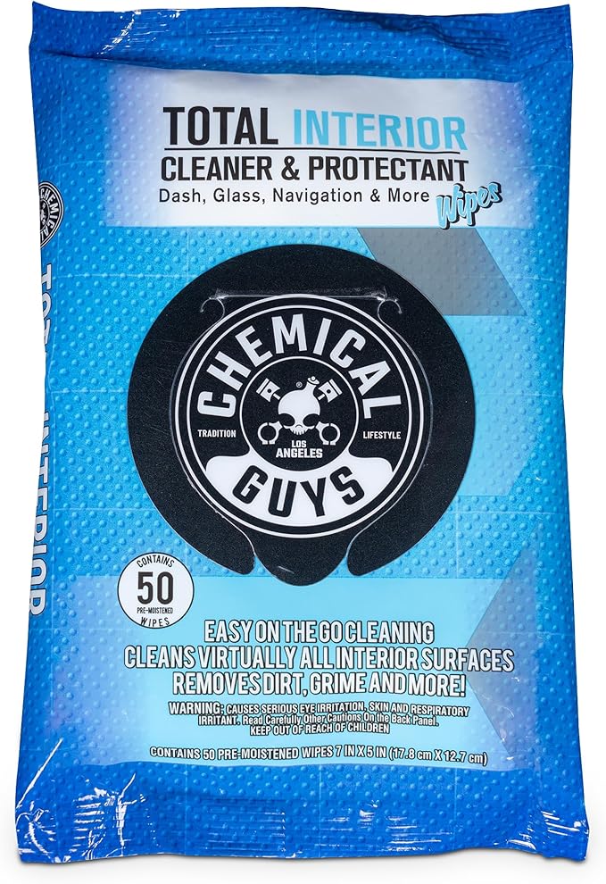 Chemical Guys Total Interior Cleaner & Protectant Wipes â 50 Pack Multi Surface Car Interior Cleaning Wipes for Dashboards, Doors and Seats â Safe for Trucks, SUVs, RVs and Home Use