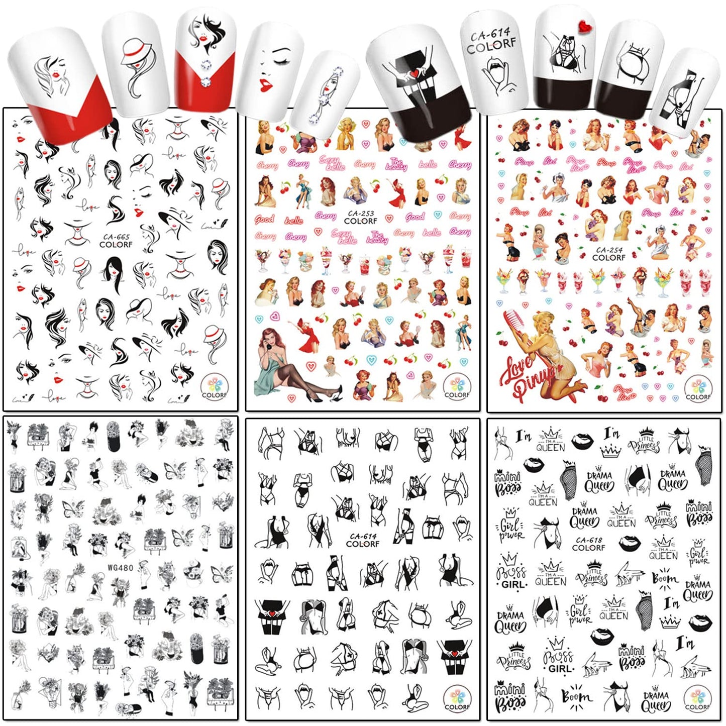 Sexy Girls Nail Art Stickers 3D Nail Self-Adhesive Sticker Design Holographic Glamour Girl Flowers Letters Nail Art Decals Supplies for Women Manicure Nails Charm Decoration DIY Nail Decal(6 Sheets)