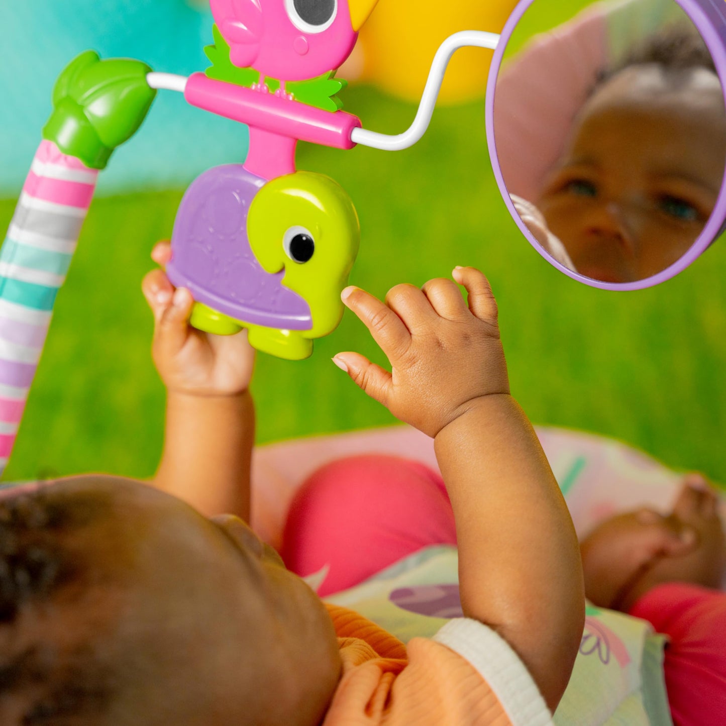Bright Starts Pink Paradise Portable Baby Bouncer with Vibrating Infant Seat and -Toy Bar, Max Weight 20 lbs., Age 0-6 Months