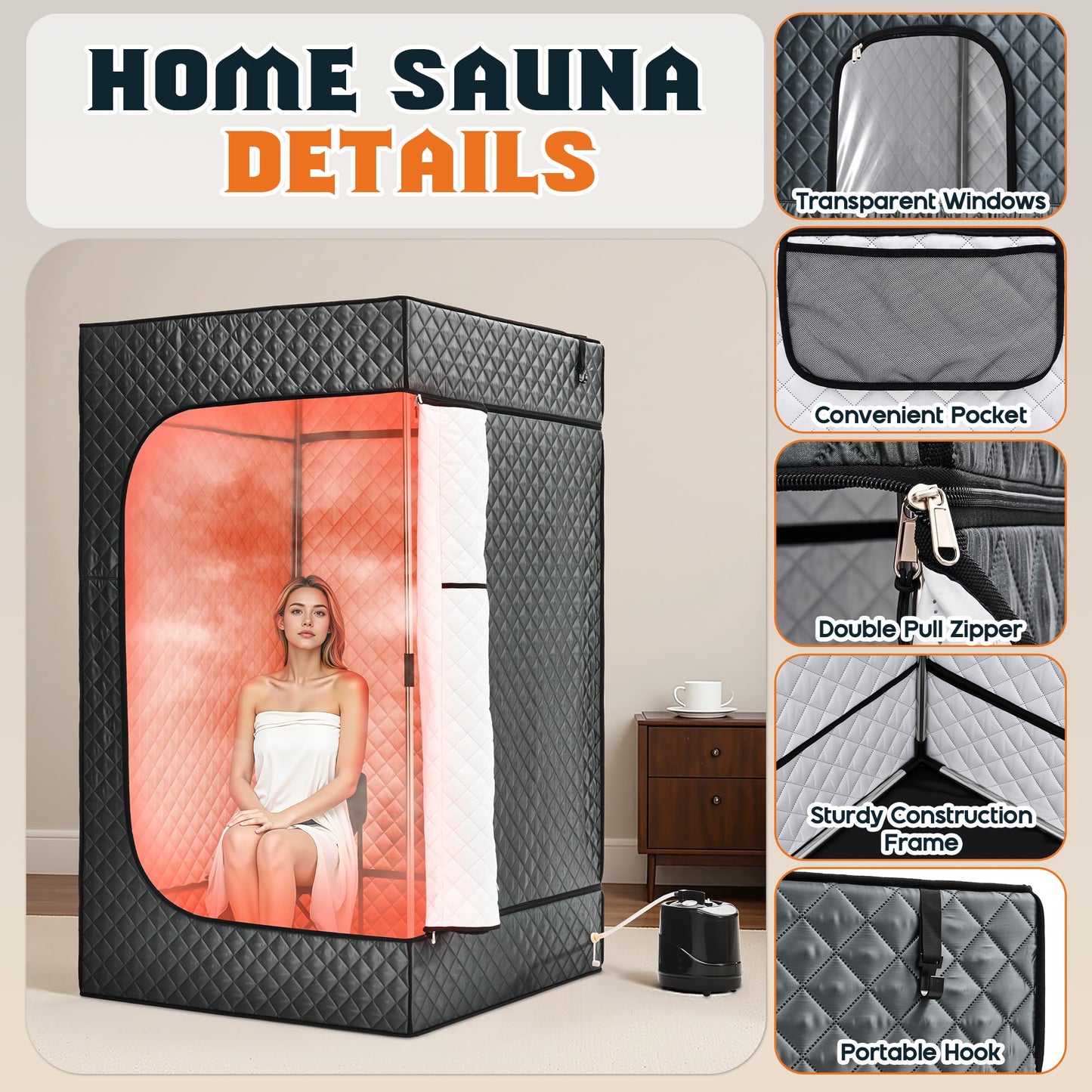 Albott Extra-Large Portable Steam Sauna Box for Home, 39.4"x39.4"x70.9" Full Body Sauna Tent with 3L 1500W Steamer, Remote Control & Folding Chair, Grey