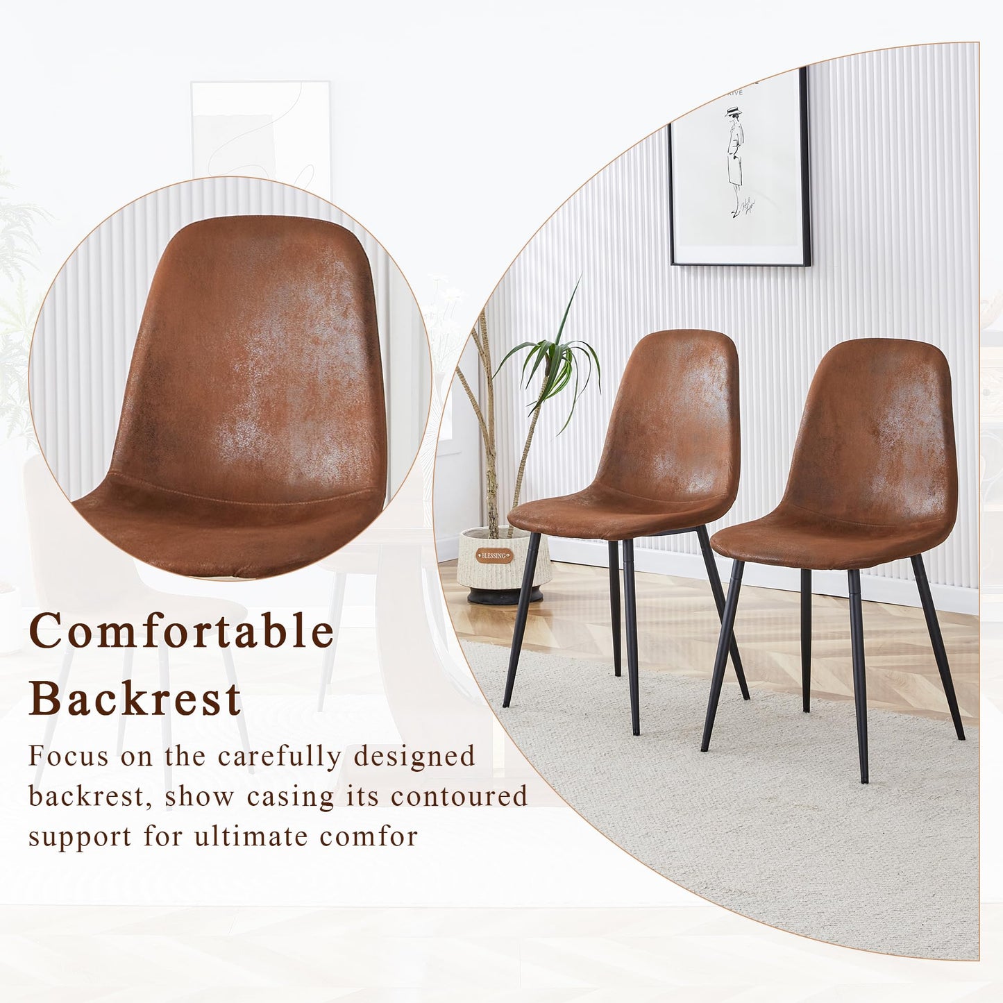 JUFU Modern Dining Table Set for 6, 63'' Kitchen Table Set with Faux Marble Tabletop and 4 PU Leather Upholstered 0501 Brown Chairs, Dinner Table Set for 6, Ideal for Dining Room and Kitchen