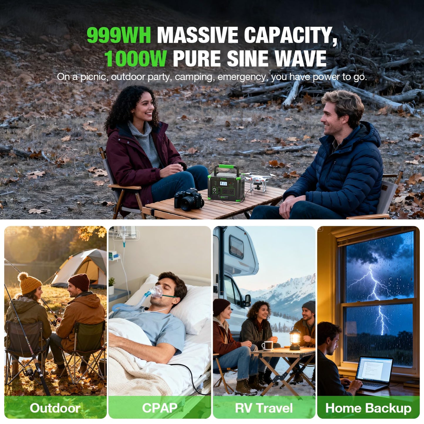 EBL Portable Power Station 1000W Solar Generator 999Wh Fast Charging Backup Battery with 5W Wireless Charging & Multiple Ports for Camping, Home Backup, RV & Off-Grid