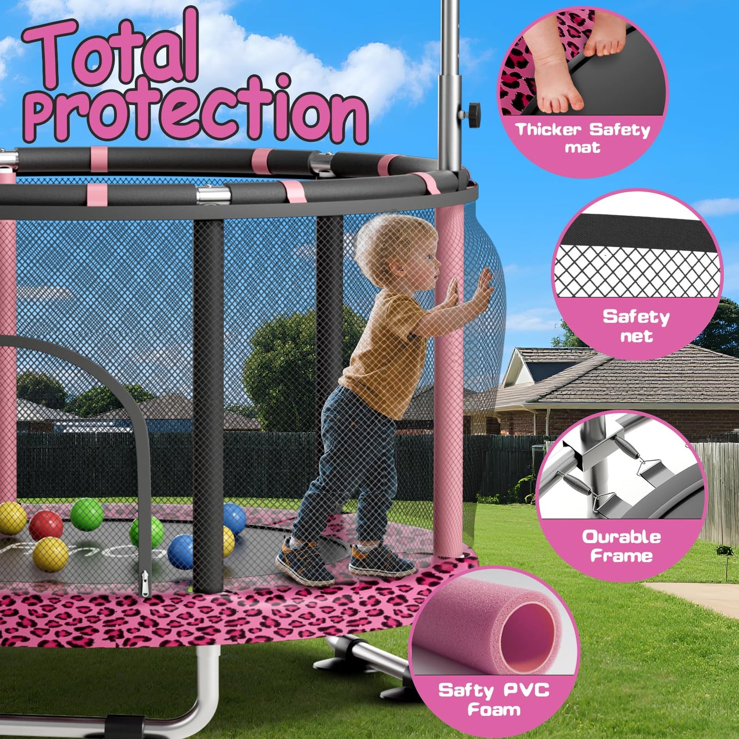 FitinOne 55" Toddler Mini Trampoline for Kids, Indoor Outdoor Toys with Swing, 440lbs Baby Kids Trampoline, Gymnastics Bar, Birthday Gifts for Boy Girl Age 1-8(Leopard)