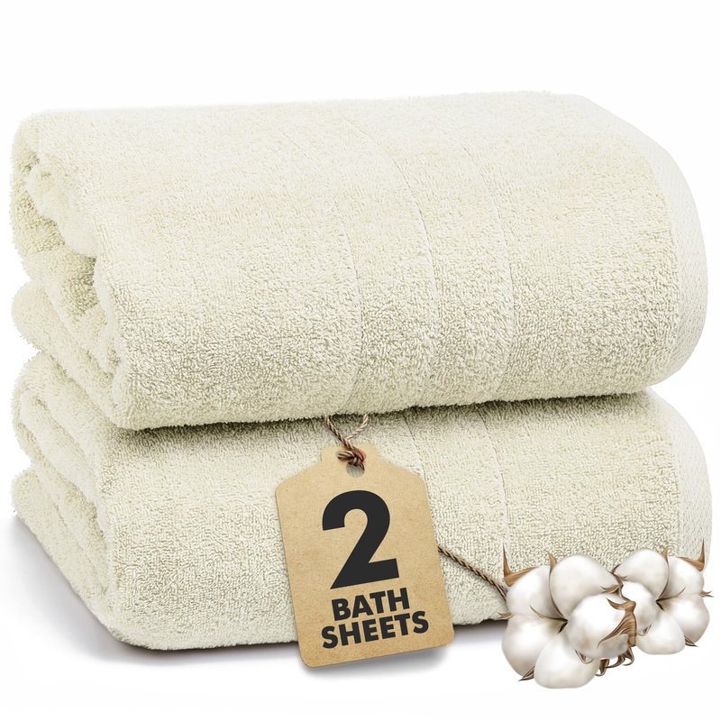 Novo Home Bath Sheets – Extra Large Bathroom Sheet Set – Pack of 2 Jumbo Towels Ivory (71x35in) – 100% Cotton Soft Quick Dry Large Bath Towels for Adults Hotel Spa Bathroom Use