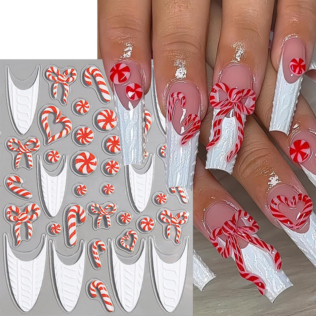 4 Sheets Christmas Nail Art Stickers Candy White French Line Nail Decals 5D Embossed Self-Adhesive Plaid Elk Snowflake Nail Design Nail Decoration for Women Winter Holiday Manicure DIY Nail Supplies