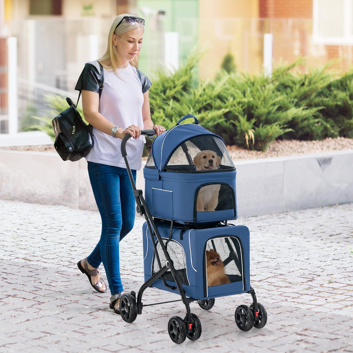 Giantex Double Dog Stroller for 2 Dogs, Detachable Carriers, Safety Belt, 4 Lockable Wheels, Pet Travel Carrier Strolling Cart, Folding Cat Stroller for Small Medium Pets Dogs (Blue)