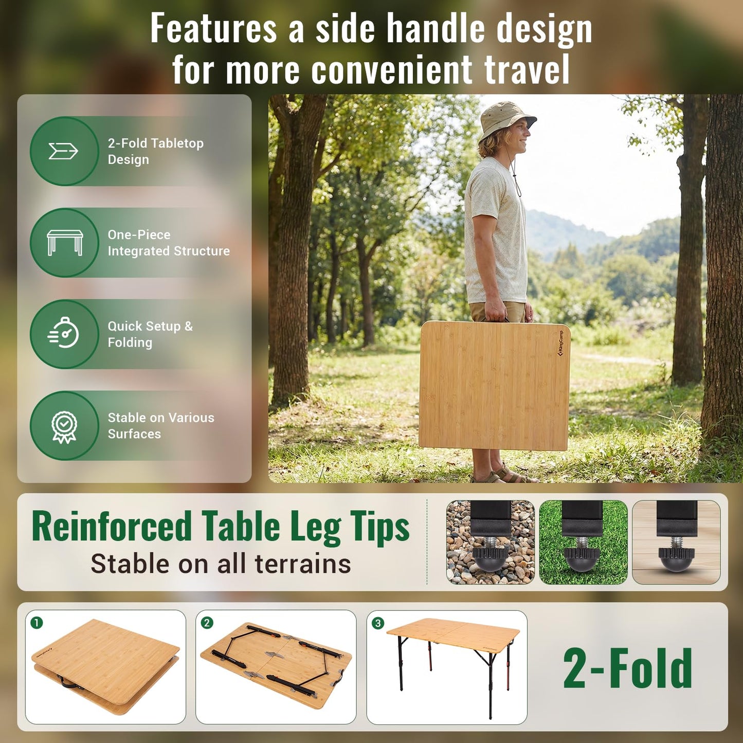 KingCamp Bamboo Folding Table, 47 Inch Large Portable Camping Table with Adjustable Height Legs for Uneven Ground, High-Strength Bamboo Surface Holds 265lbs, Multi-Scenario Table for Home & Outdoor