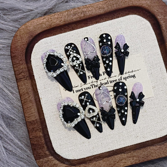 TENPAL Glam Punk Press on Nails Stiletto Almond Long,3D Heart Rhinestones&Metal Chains Designs,Black Glitter Purple Chrome Nails with Full Cover Micro Gems,Y2K Edgy Girly Streetwear Nails,10pcs M
