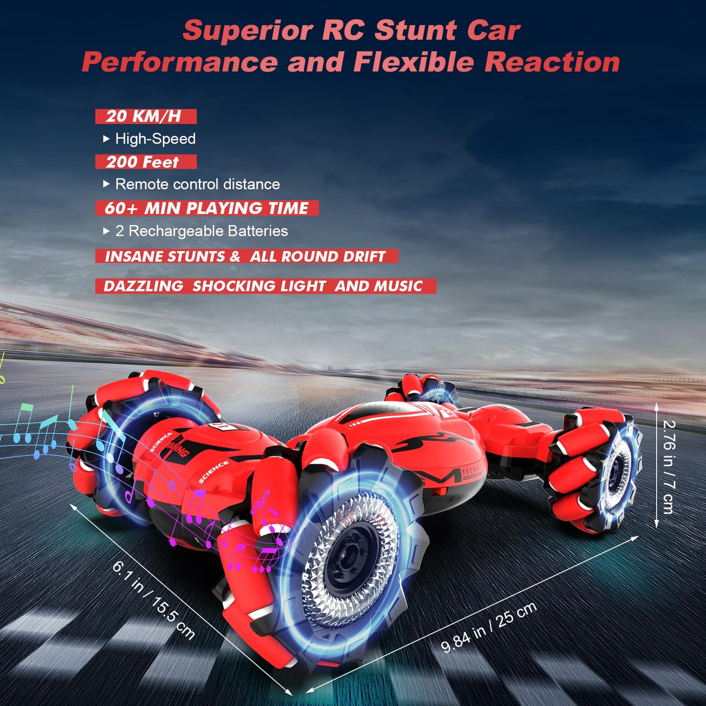 Fosgoit RC Car Toys for Boys Girls 6-12, Birthday Xmas Gifts for 6 7 8 9 10 11 12 Years Old, Gesture Sensing RC Stunt Car with Lights Music 2.4GHz 4WD Hand Remote Control 360° Rotate All-Round Drift