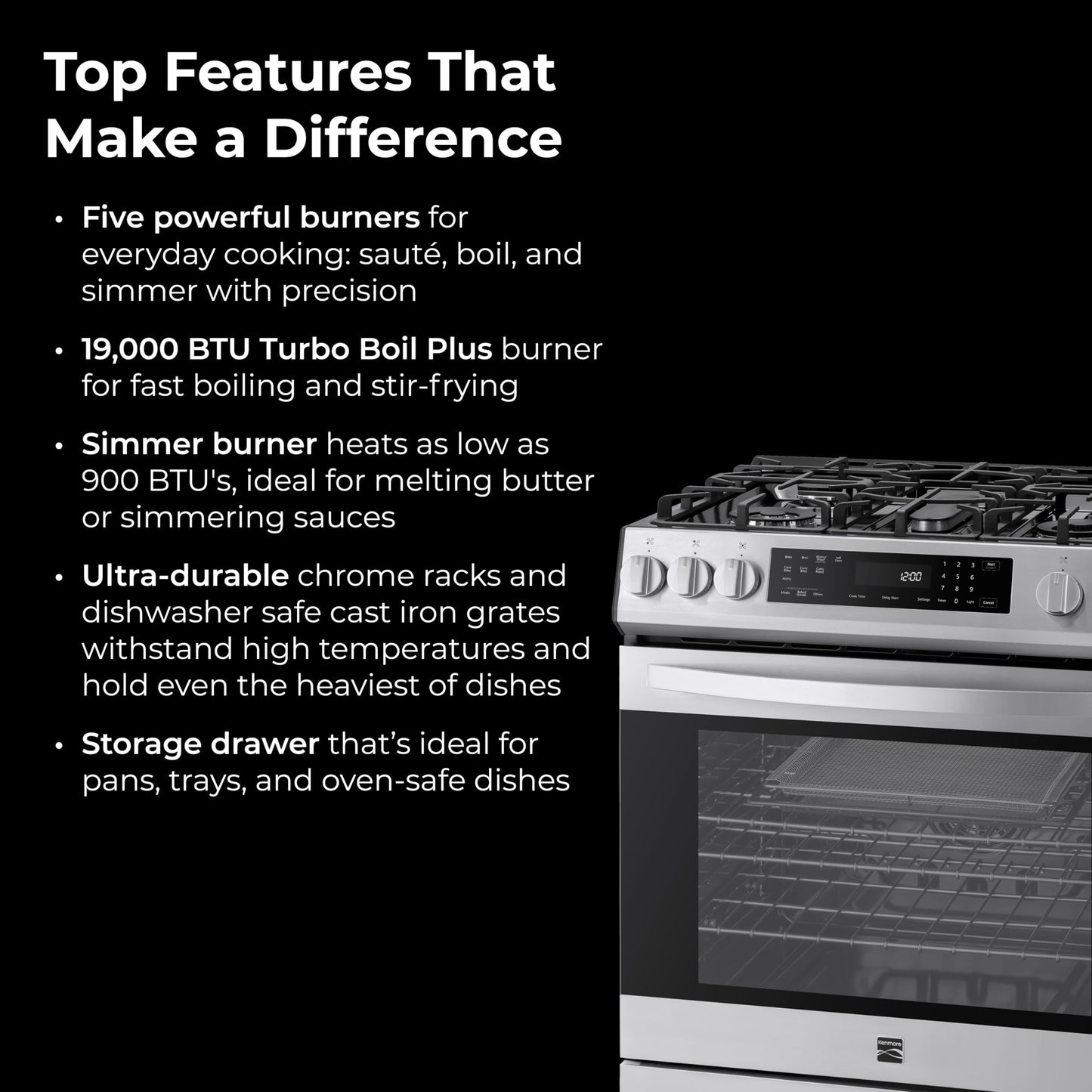 Kenmore 5.6 cu. ft. Front Control Gas Range Oven with 5 Cooktop Burners - True Convection, Air Fry, Turbo Boil, Self Clean, Dishwasher Safe Grates, Three Chrome Racks, LP Kit - Stainless Steel