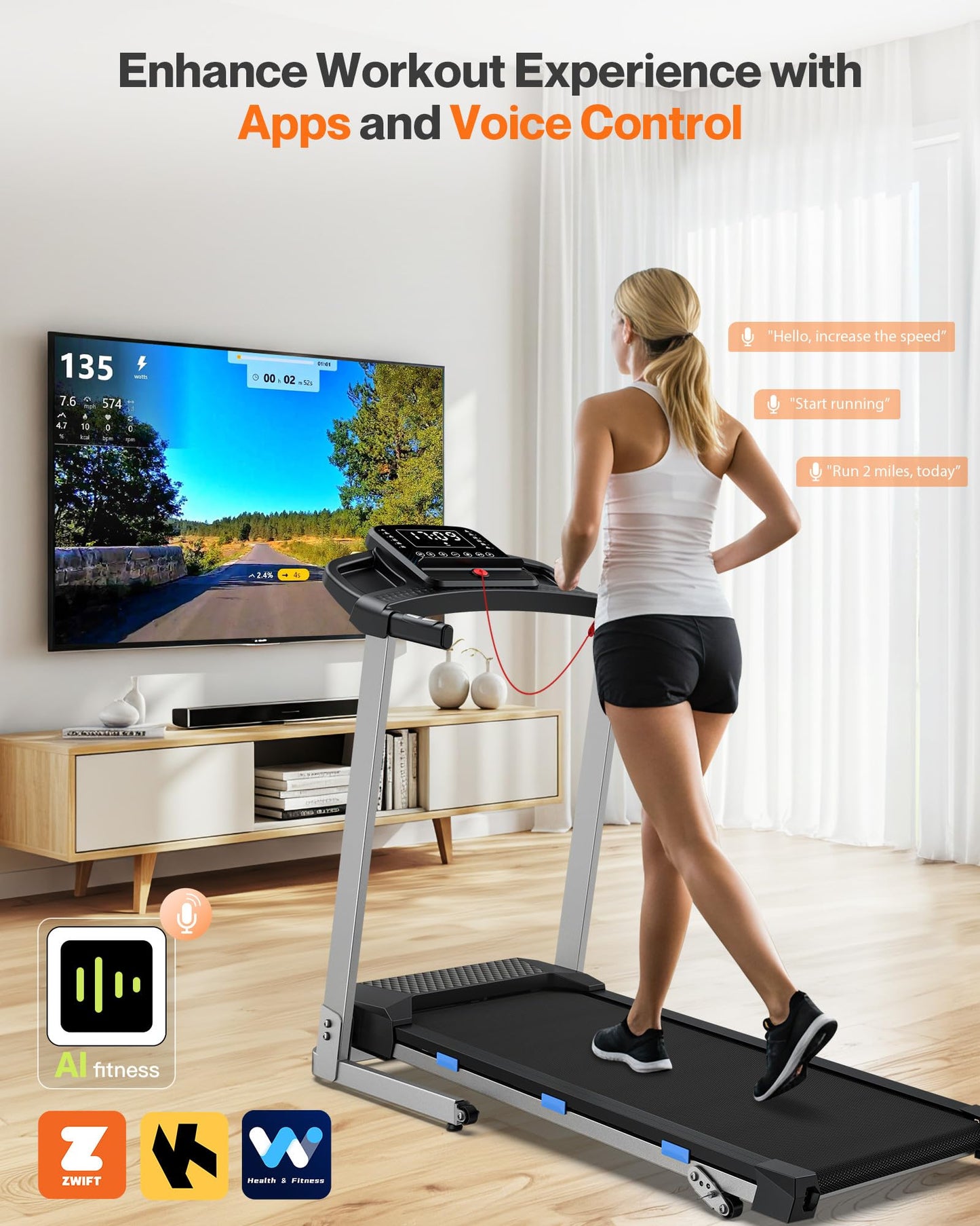 Cardirun Foldable Treadmill with Incline, 350 LBS Capacity, 3.0HP Quiet Running Treadmills for Home, Incline Treadmill with Pulse Sensor and Bluetooth Speaker, Wide Belt, App & Voice Control, 7.6 MPH