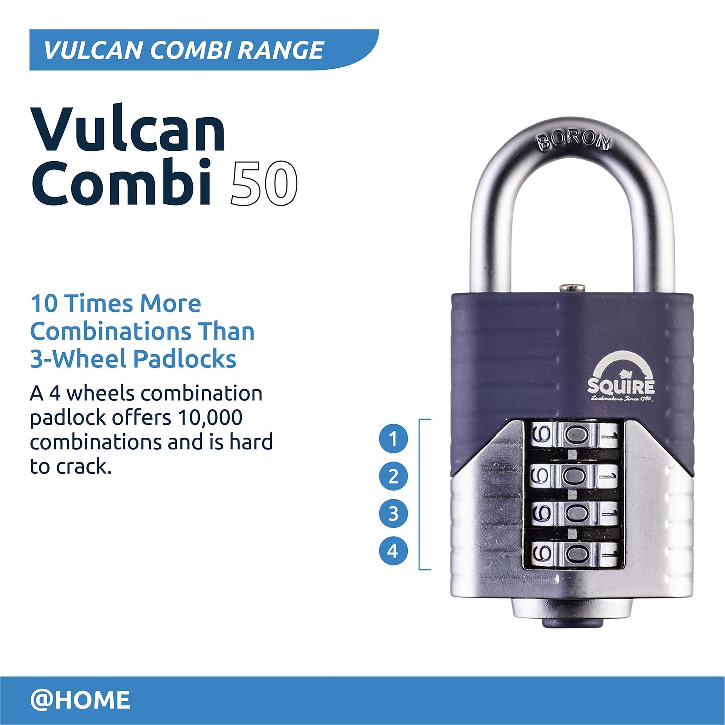 Squire Heavy Duty Padlock (Vulcan Combi 50) - Toughest Open Shackle - 4 Wheel Vulcan Padlock - Steel Cast Alloy for Corrosion Resistance - Weatherproof Lock for Home, School & Shed (Blue, 2")"