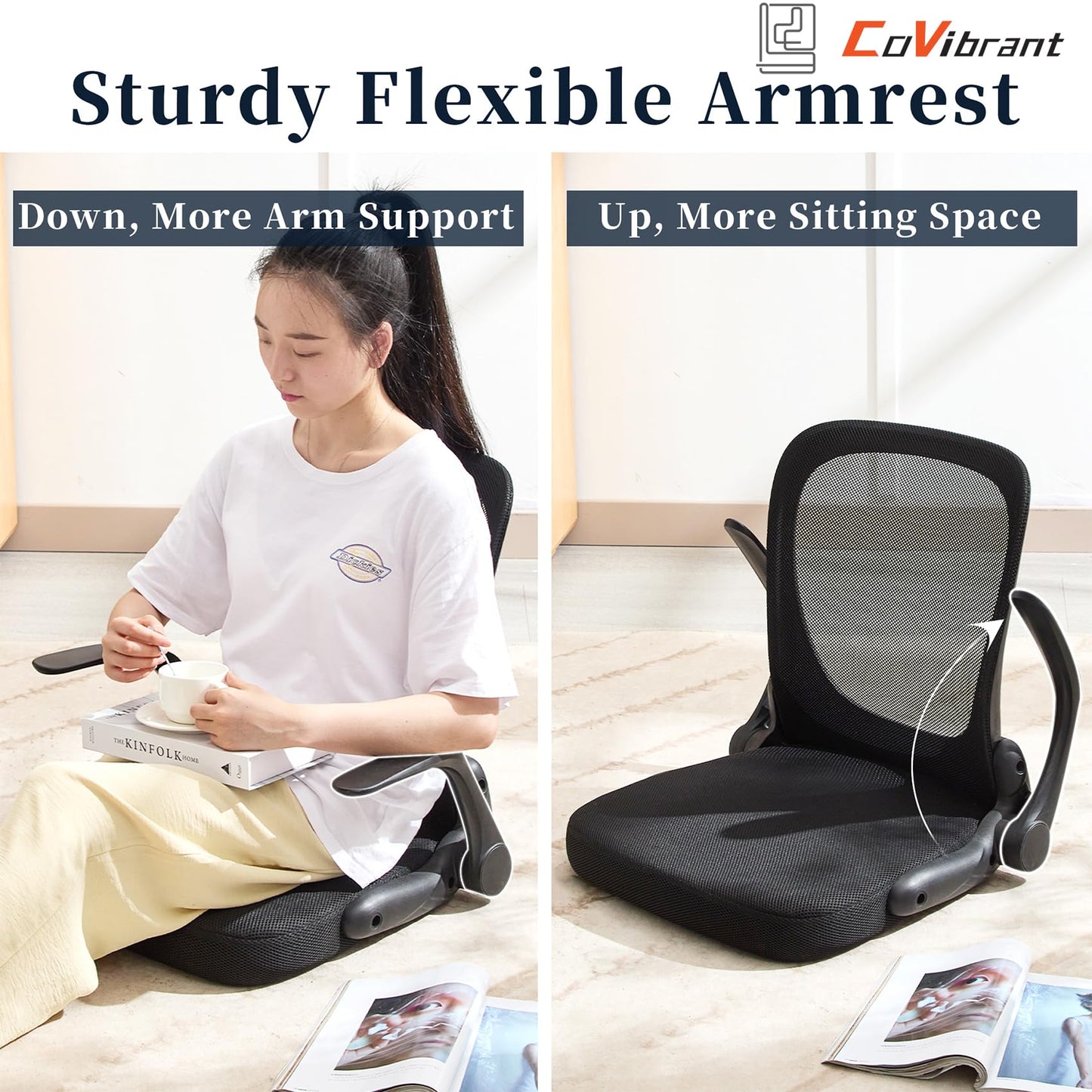 CoVibrant Ergonomic Floor Chair Foldable - Adjustable Armrest & Mesh Back, Thick Cushioned Seat for Gaming Reading Meditation, Multi-Use for Living Room, Bed, Tatami