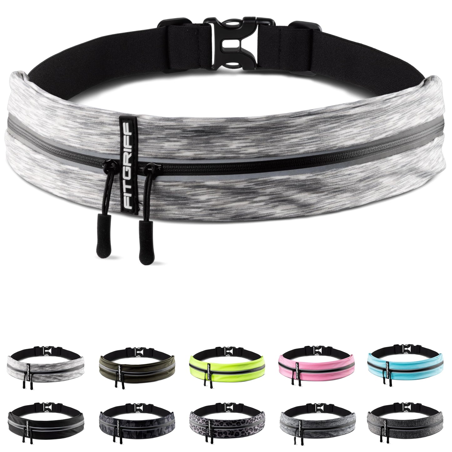 Fitgriff® Running Belt for Men & Women - Secure Jogging Pouch for Phone, Keys & Essentials - For All Cell Phones (White, 24.5" - 35.5"" Waist Size)"