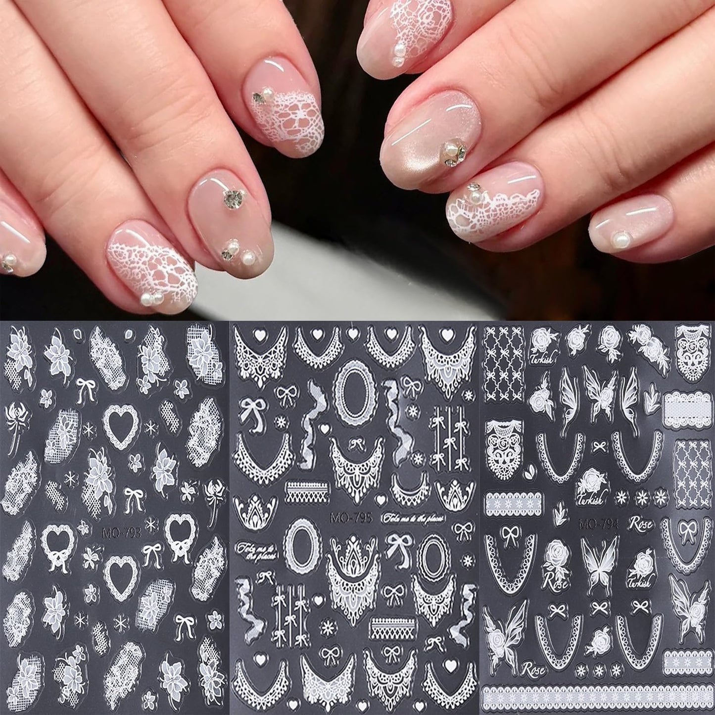CJDLTS 3 Sheets White Lace Flower Nail Art Stickers 3D Self -Adhesive Lace Love Heart Bow Nail Decals Holographic Laces Rose Flower Nails Stickers for Women Acrylic Nails Decoration Supplies