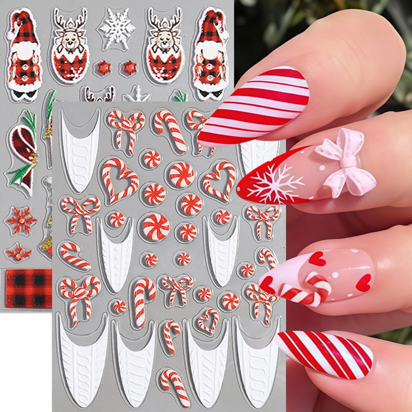 4 Sheets Christmas Nail Art Stickers Candy White French Line Nail Decals 5D Embossed Self-Adhesive Plaid Elk Snowflake Nail Design Nail Decoration for Women Winter Holiday Manicure DIY Nail Supplies