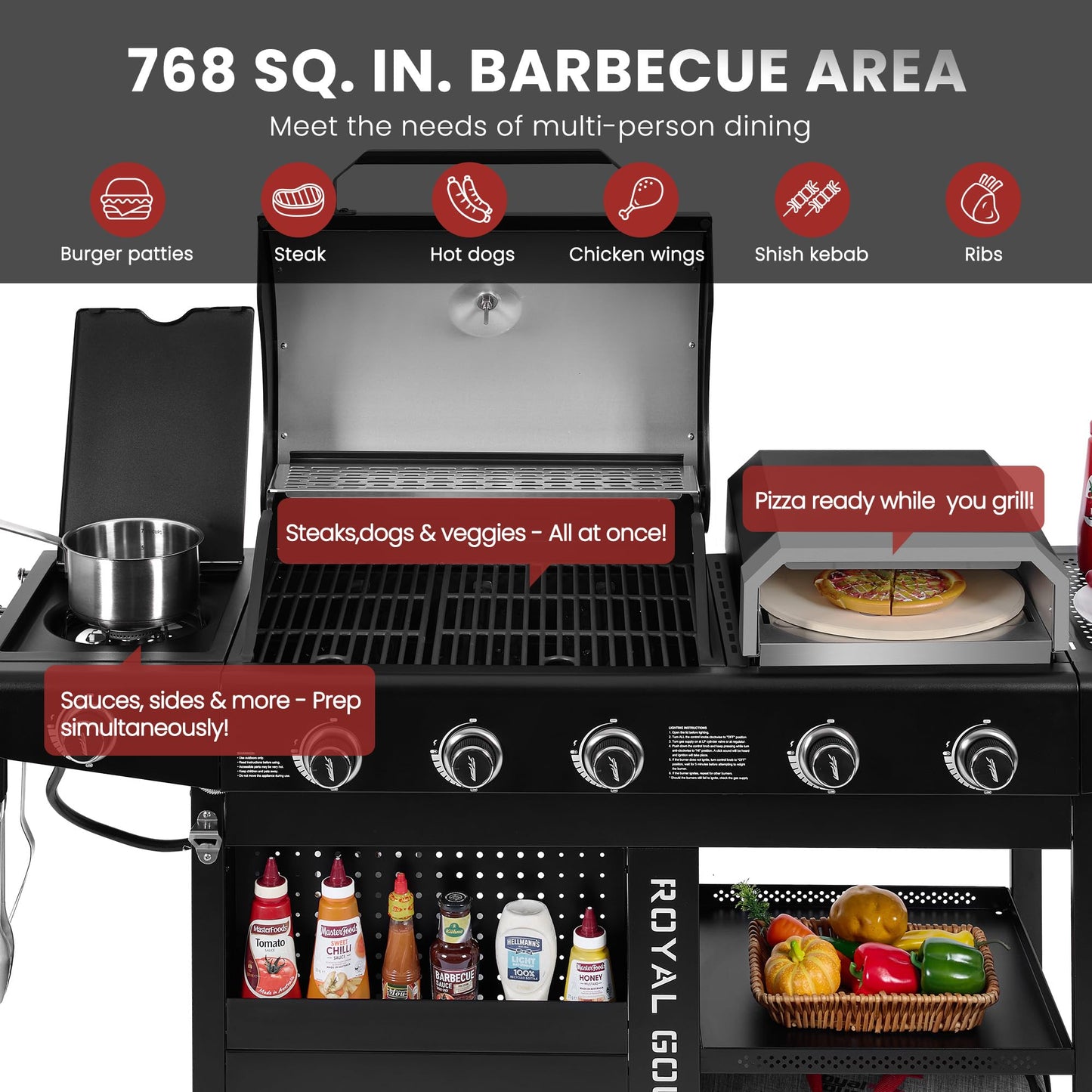 Royal Gourmet ZH3004H 3-in-1 Premium Gas Grill and Pizza Oven Combo with Side Burner, 59,000 BTU, 5-Burner Propane Gas Grill, Pizza Grill Combo, for Backyard, Patio and Outdoor, Black