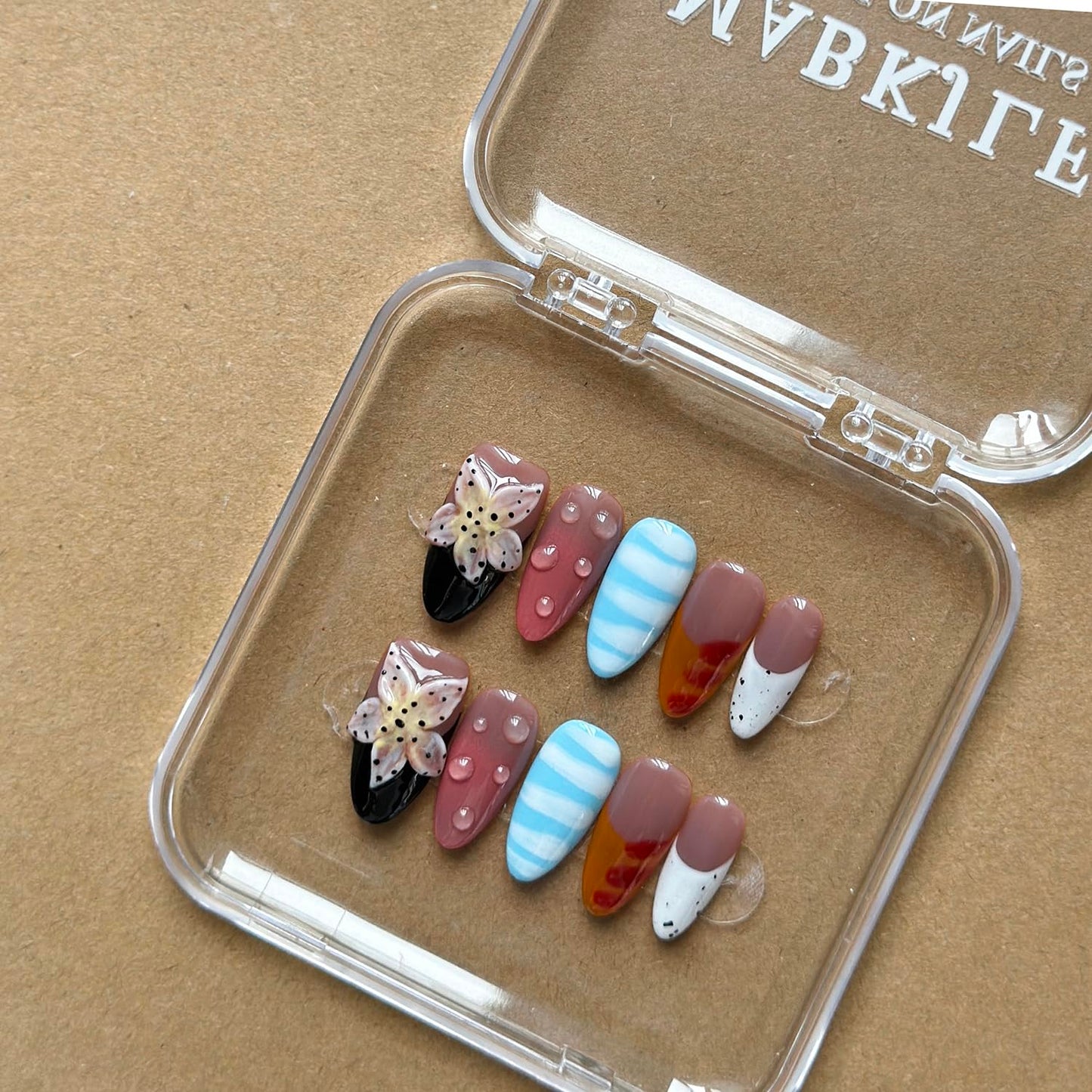 Luxury Press on Nails Medium Almond Handmade 3D Unique Reusable ABS Material Fake Nails French Tip False Nails with Designs Flower Water Drop Art Petal Glossy Glue onThick Acrylic Nails(M)