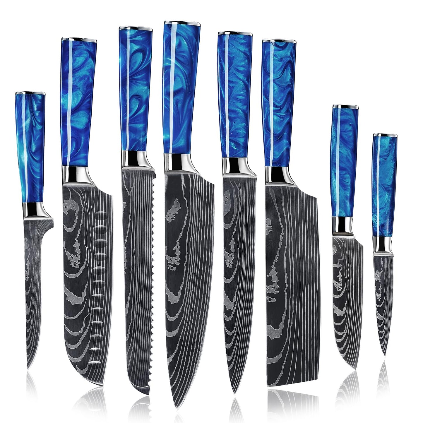 SENKEN 8-Piece Japanese Knife Set - Blue Resin Handle, Laser Damascus Blades - Chef's, Santoku, Bread & Paring Knives
