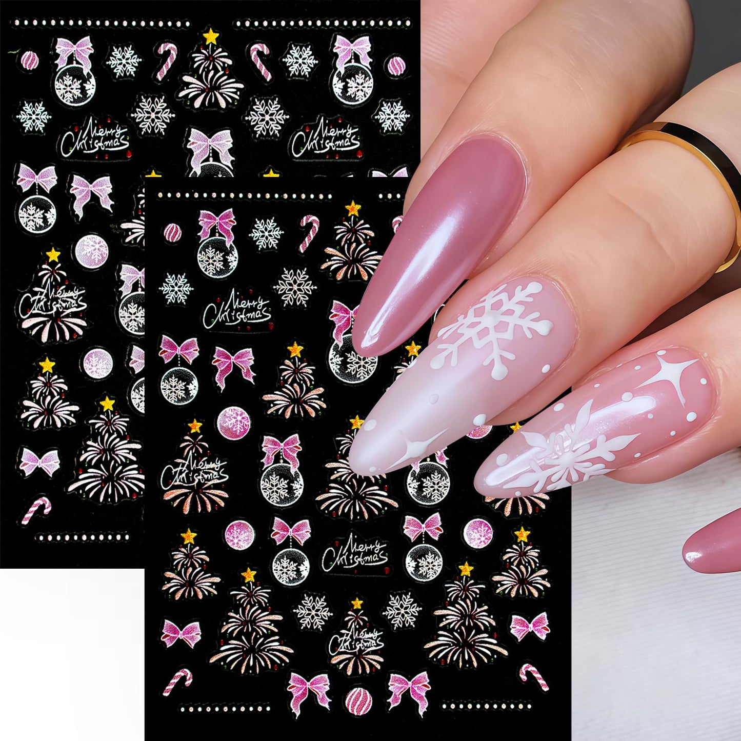 4 Sheets 5D Embossed Christmas Nail Art Stickers Pink Blue Fireworks Christmas Tree Nail Stickers Self-Adhesive Snowball Tree Nail Decals for Women Winter Xmas Holiday Manicure DIY Nail Supplies