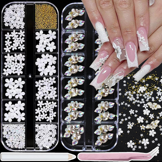 SEMATA 3D Flower Nail Art Charms Mixed Size White Nails Gems Flatback Nail Pearls White Flower Nails Art Accessories Decoration Design for Women