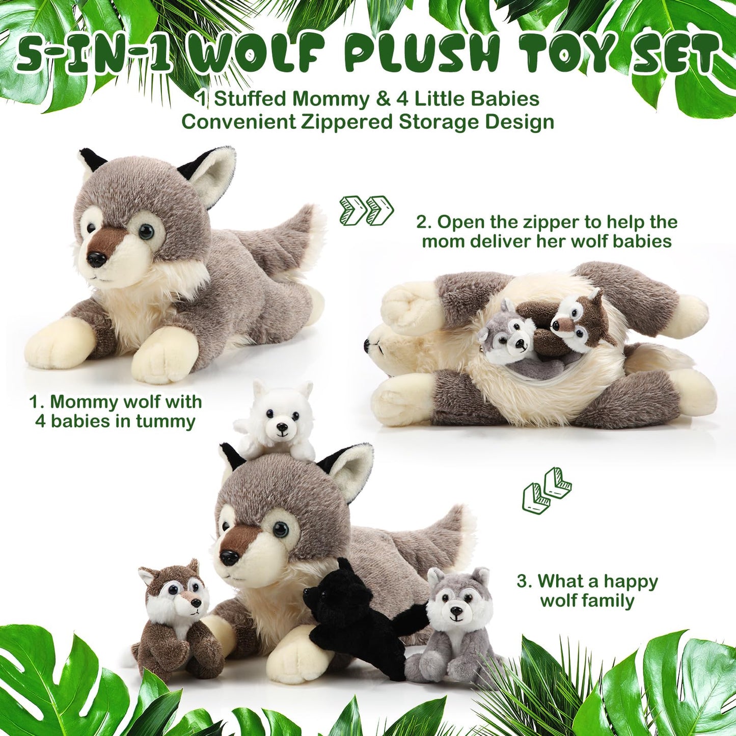 Shappy 5 Pieces Soft Wolf Stuffed Animal Family Set – 16 Inch Large Mommy Plush with 4 Small Baby Plushies on Galentines Valentines Day Easter Birthday Exchange Gifts for Kids Boys Girls