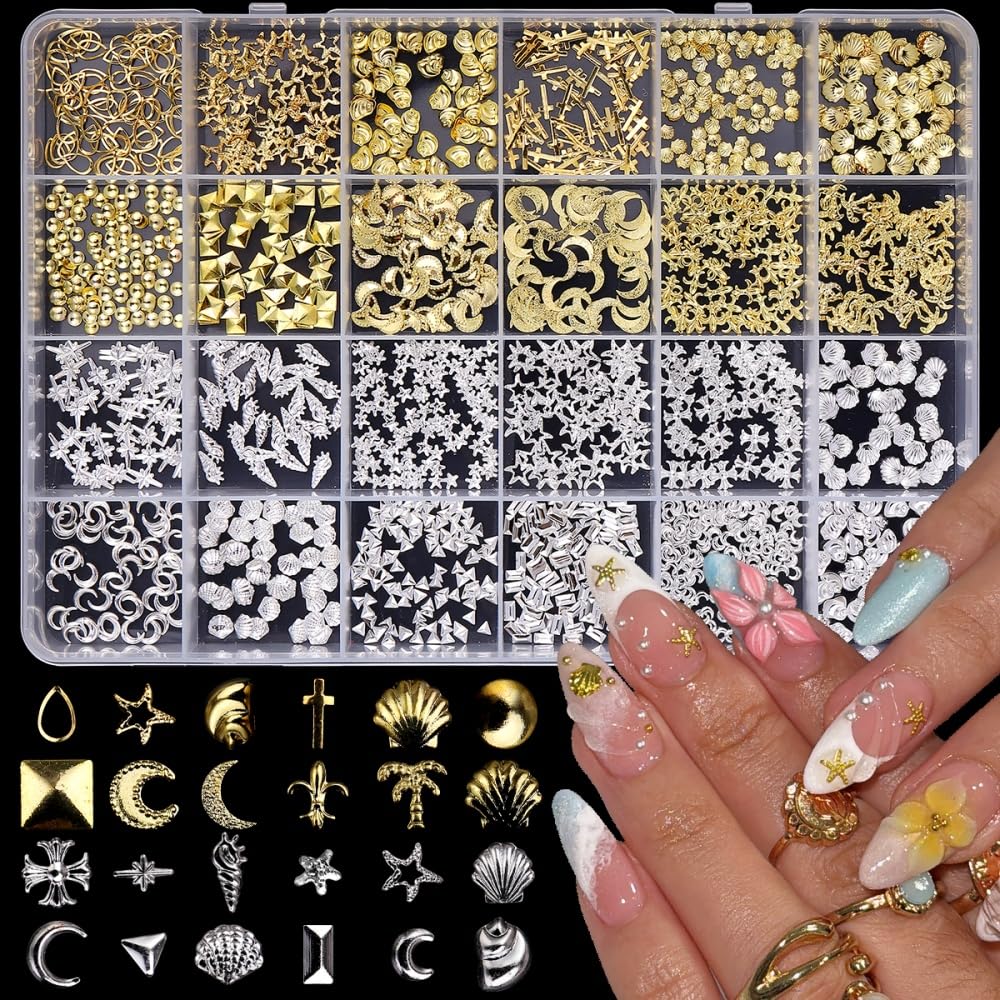 Gold Silver Nail Charms 3D Alloy Flower Nail Gems Metal Moon Star Nail Jewels Multi-Shapes Ocean Beach Starfish Seashell Nail Art Supplies with Tweezer for Women DIY Acrylic Nail 24 Grids 1 Box