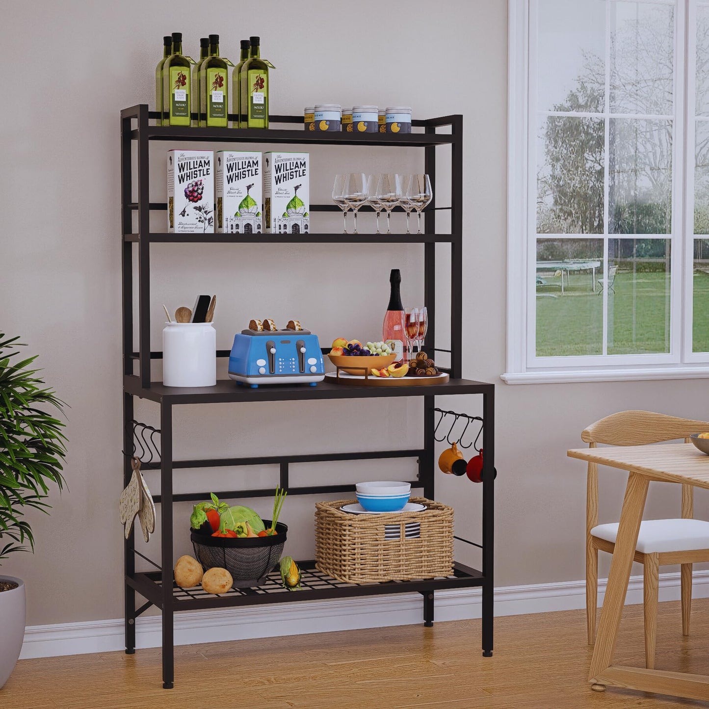 MUVJUG Kitchen Bakers Rack with Open Bottom, 63''H Metal Microwave Stand with 8 Hooks, 4-Tier Heavy Duty Coffee Bar Table with Mesh Shelf, Multi-Purpose Display Rack&Potting Bench Table for Patio