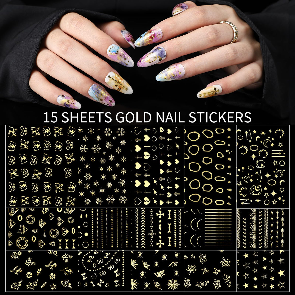 Teenitor Nail Charms Nail Gems with 15 Sheets Gold Nail Stickers, 6 Boxes of Rhinestones for Nails Art Tools, 3D Nail Decals Pearls for Nails
