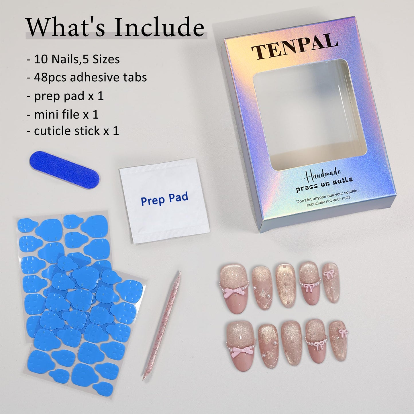 TENPAL Cute Sweet Handmade Press on Nails Almond,Ballet Butterfly Cat Eye Nude Pink Ombre French Tips Fake Nails with Tools, Reusable Spring Polka Dot Bow Pearl False Nails for Women 10pcs(L)