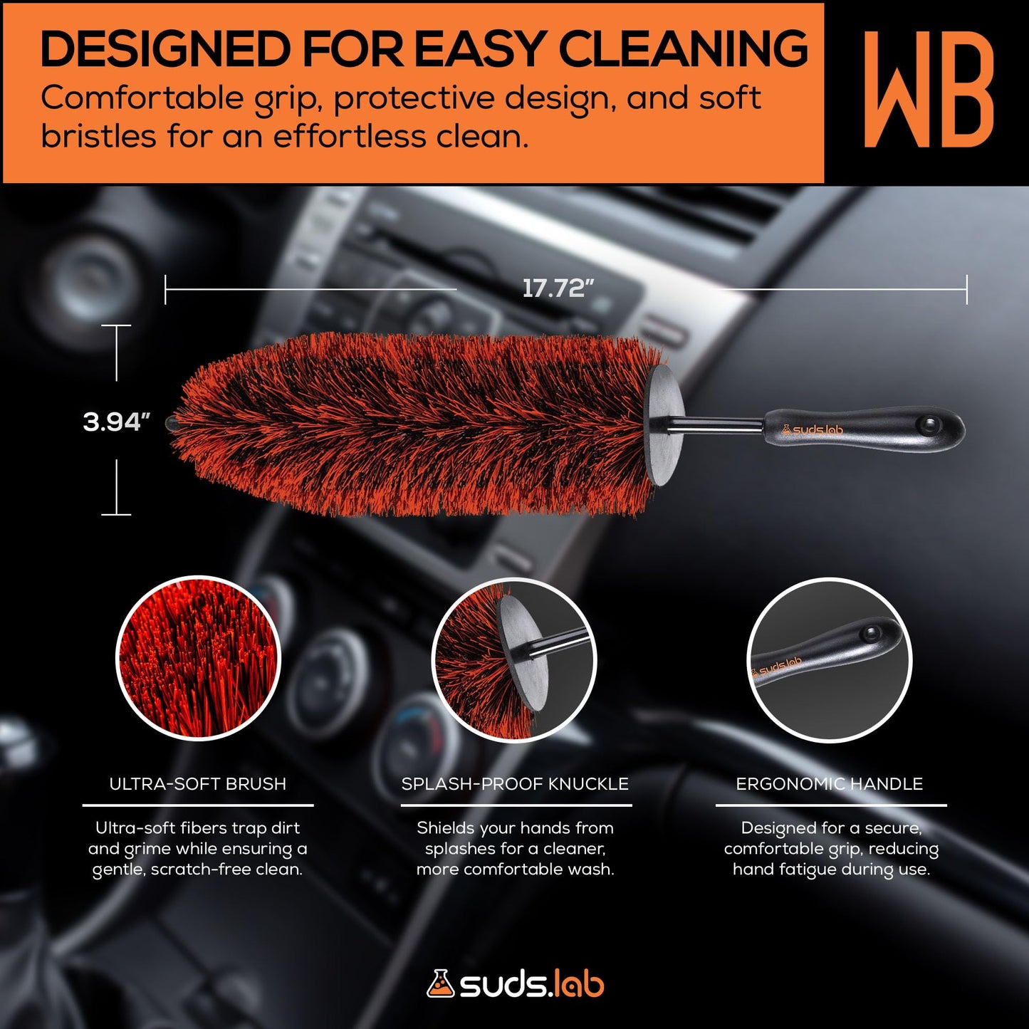 Suds Lab WB Premium Detailing Wheel Brush for All Vehicle Types – 17.7" Ultra-Soft and Scratch-Free Reusable Rim, Wheel, and Tire Brush for Deep Cleaning