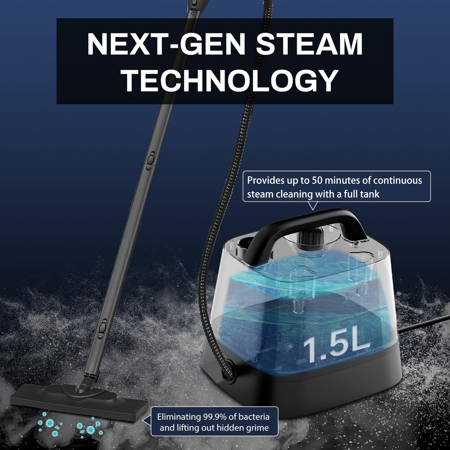 Steam Cleaner with 24-Piece Attachments, Multipurpose Steamer Mop for Home, Floor, Car, Grout, Tile, Furniture, Carpet, Couch, Window, Wall, Upholstery, Oven Grease, Canister, 1.5L Tank