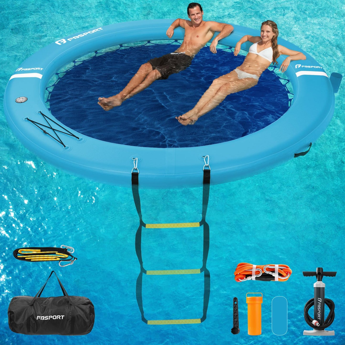 FBSPORT Inflatable Water Hammock Round Floating Ring, 8ft Inflatable Dock Floating Platform for Lake W/Cupholder, Sun Float Chill Raft Float Ring Tanning Pool Lounger Island Platform Pad, Blue