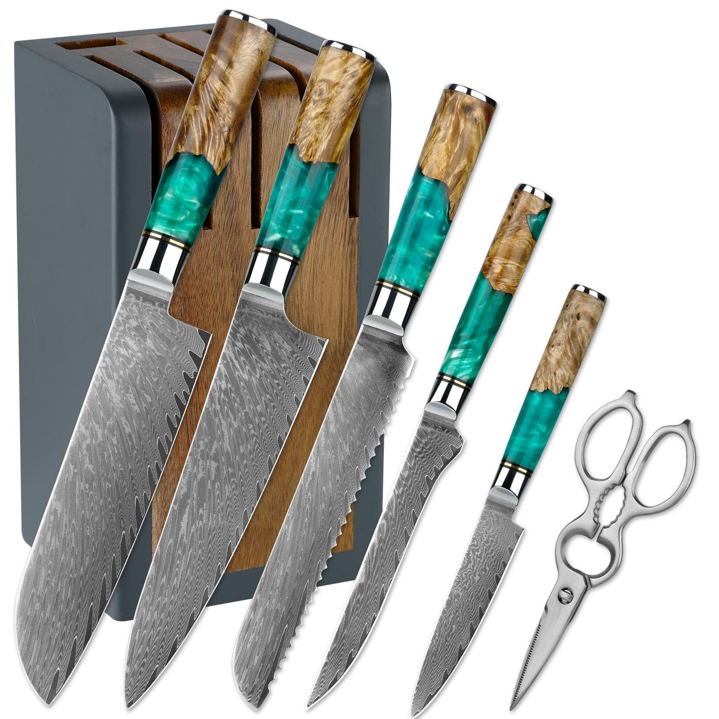 7-Piece Damascus Knife Block Sets, Damascus Knife Set for Professional Chefs, Cutlery Kitchen Scissors and Knives, Premium Razor Sharp Professional Chef Knife with Kitchen Shears and Block Set